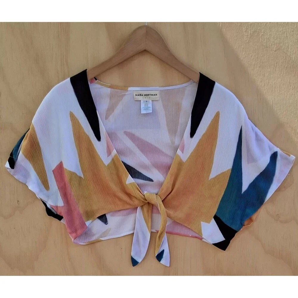 Mara Hoffman Swim Majorca Print Tie Front Crop Top Small Resort Beach Cover Up